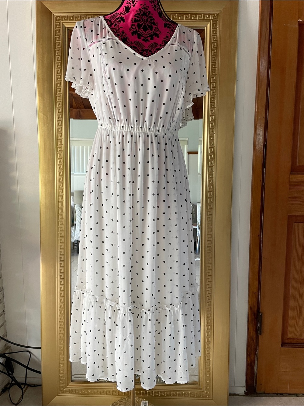 torrid White Maxi Dress with Black Polka Dots and Flutter Sleeves